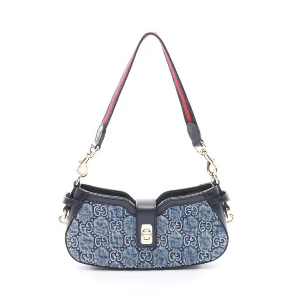 Gucci Moonside GG Denim Handbag Leather Blue Navy Blue